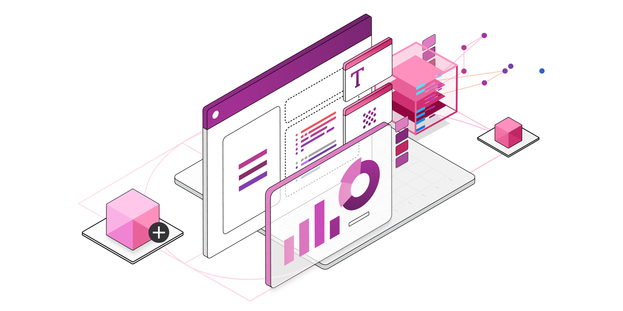 En isometrisk illustration af tekniske komponenter til Power Apps-tjenester.